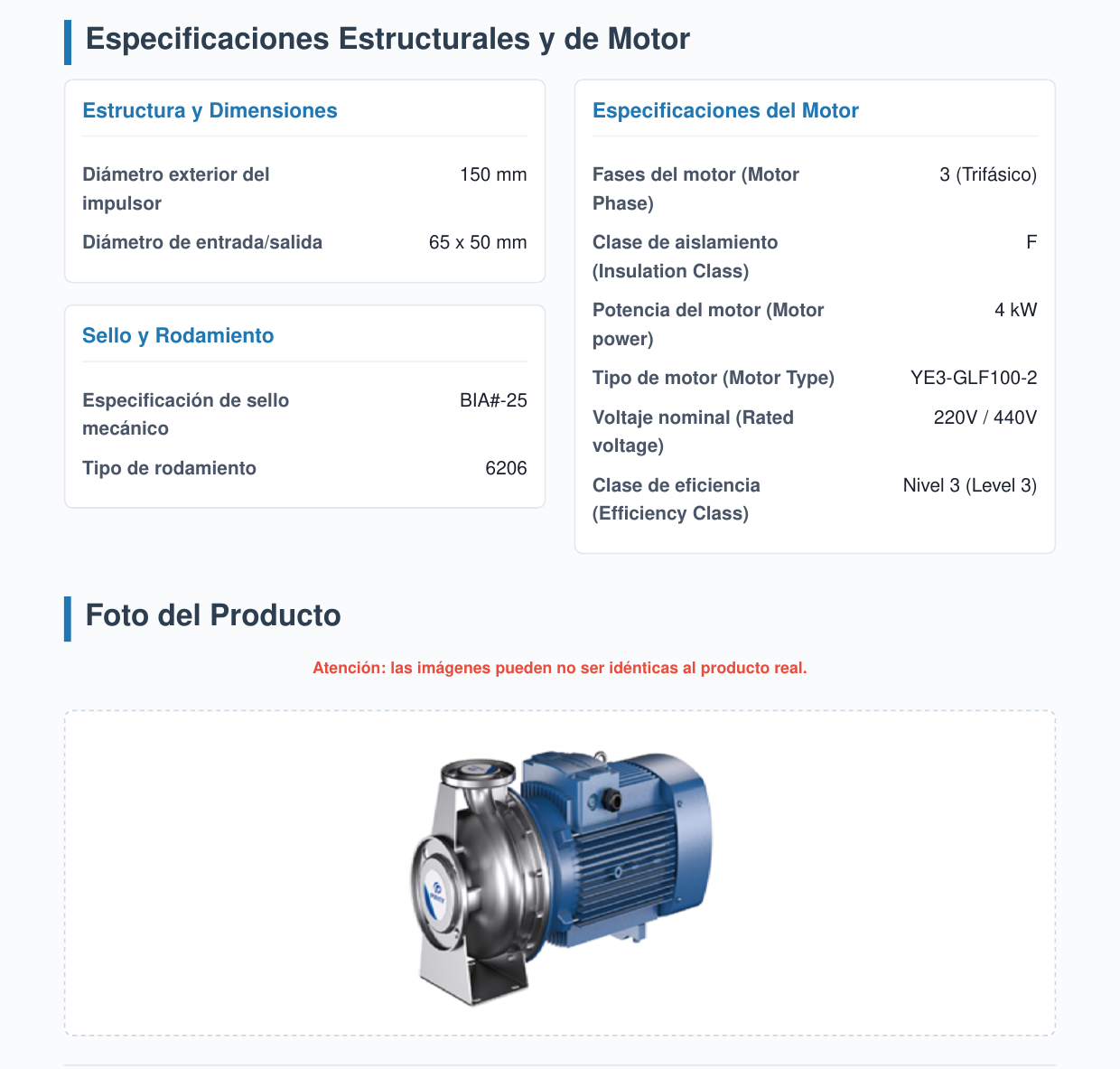 Especificaciones Estructurales y de Motor Foto del Producto